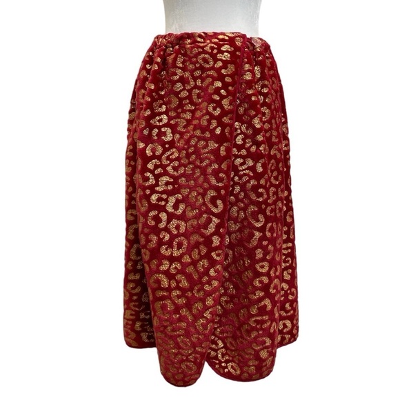 Bebe Vintage Red & Gold Foil Fuzzy Wrap Around Midi Skirt - Picture 1 of 10